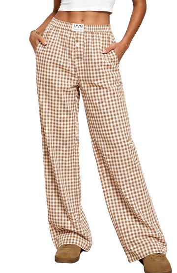 UVN Pants for Women Gingham Wide Leg Casual Lounge Bottoms Ladies Plaid Trousers with Pocket