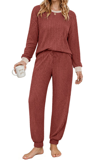 UVN Womens Pajama Set Two Piece Color-blocked Long Sleeve Top and Long Pants Ladies Fall Matching Oufits Casual Loungewear