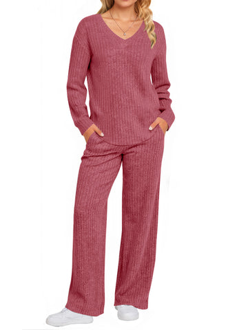 UVN Two Piece Sets for Women Casual Outfits Sets Textured Long Sleeve Shirts and Long Pants Lounge Set Fall Pajama Sets with Pockets