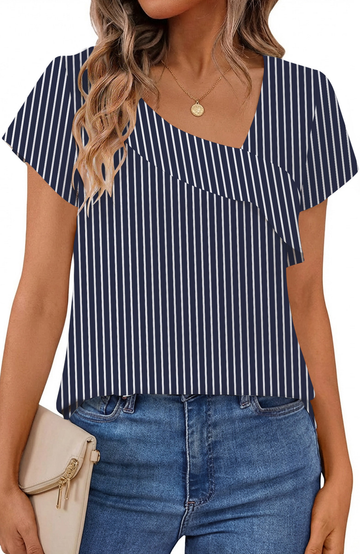 UVN Womens Chiffon Blouses Asymmetrical V Neck Shirts for Women Short Sleeve Elegant Tops
