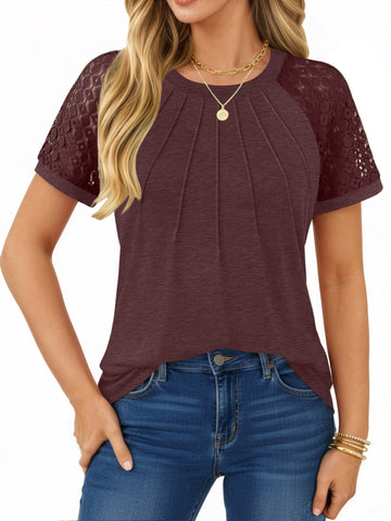 UVN Blouses for Women Short Sleeve Lace Tops Summer Casual Crewneck Pleated Shirts