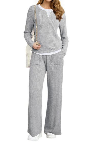 UVN Fall Matching Set for Women Color Block Tops and Wide Leg Pants Ladies Sweatsuit Casual 2 Peice Set