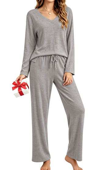 UVN Fall Womens Pajama Set 2 Piece Long Sleeve V Neck Top and Wide Leg Pant Ladies Soft Matching Lounge Set with Pockets