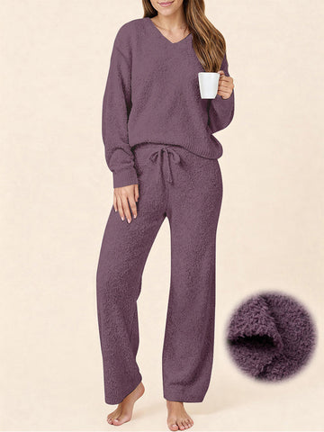 UVN Winter Pajama for Women Sweater Set Ladies V neck Tops and Long Pants Warm 2 Piece Loungewear