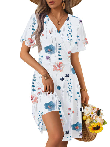 UVN Summer Dresses for Women Short Sleeve V Neck A-Line Midi Dress Boho Beach Floral Print Sundress