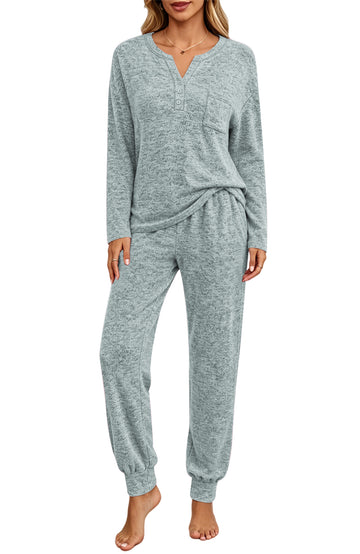 UVN Pajamas Sets for Women Long Sleeve Henley Neck Tops and Pants Two Piece Outfits Fall Winter Casual Sleepwear Pjs Lounge Sets