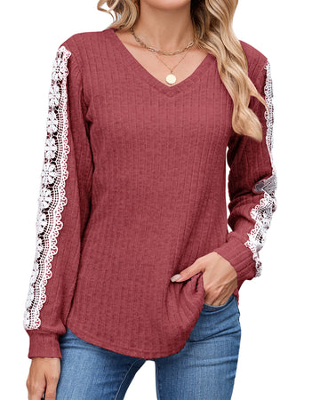 UVN Long Sleeve Shirts for Women Fall V Neck Lace Blouses Casual Dressy Tunic Pullover Sweaters Tops