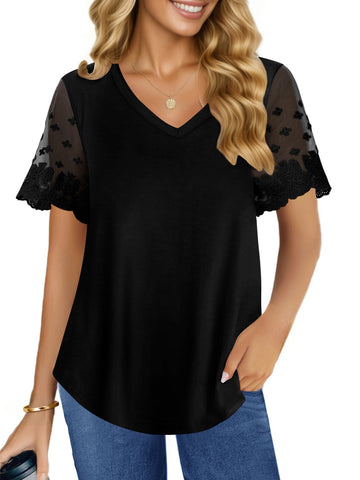 UVN Womens Summer Tops V Neck Lace Short Sleeve Shirts Casual Curved Hem Loose Fit Blouses