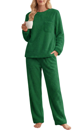 UVN Fluffy Pajamas Set for Women Winter Fleece Long Sleeve Tops and Pants 2 Piece Outfits Soft Plush Pjs Sleepwear Loungewear with Pockets