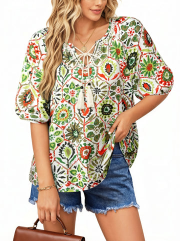 UVN Summer Tops for Women Short Sleeve V Neck Boho Casual Blouses Ladies Floral Print Tie Front Flowy Shirts