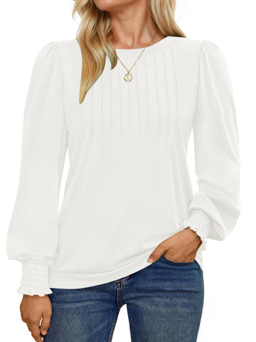 UVN Plus Size Tops for Women Pleated Long Sleeve Shirts Dressy Casual Crewneck Fall Blouses