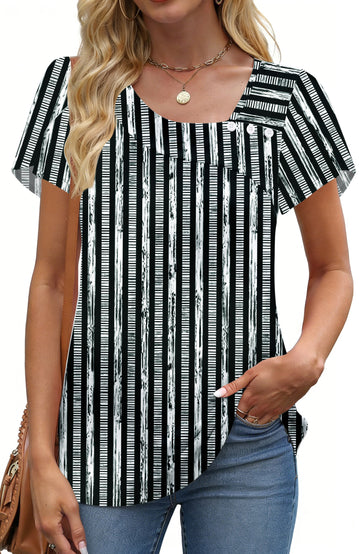 UVN Womens Summer Blouses Short Petal Sleeve Square Neck Ladies Button Shirts Dressy Casual Tunic Tops