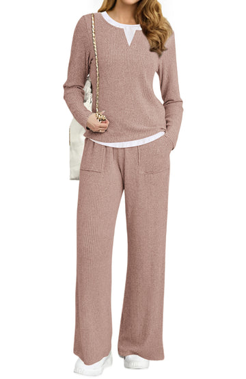 UVN Fall Matching Set for Women Color Block Tops and Wide Leg Pants Ladies Sweatsuit Casual 2 Peice Set
