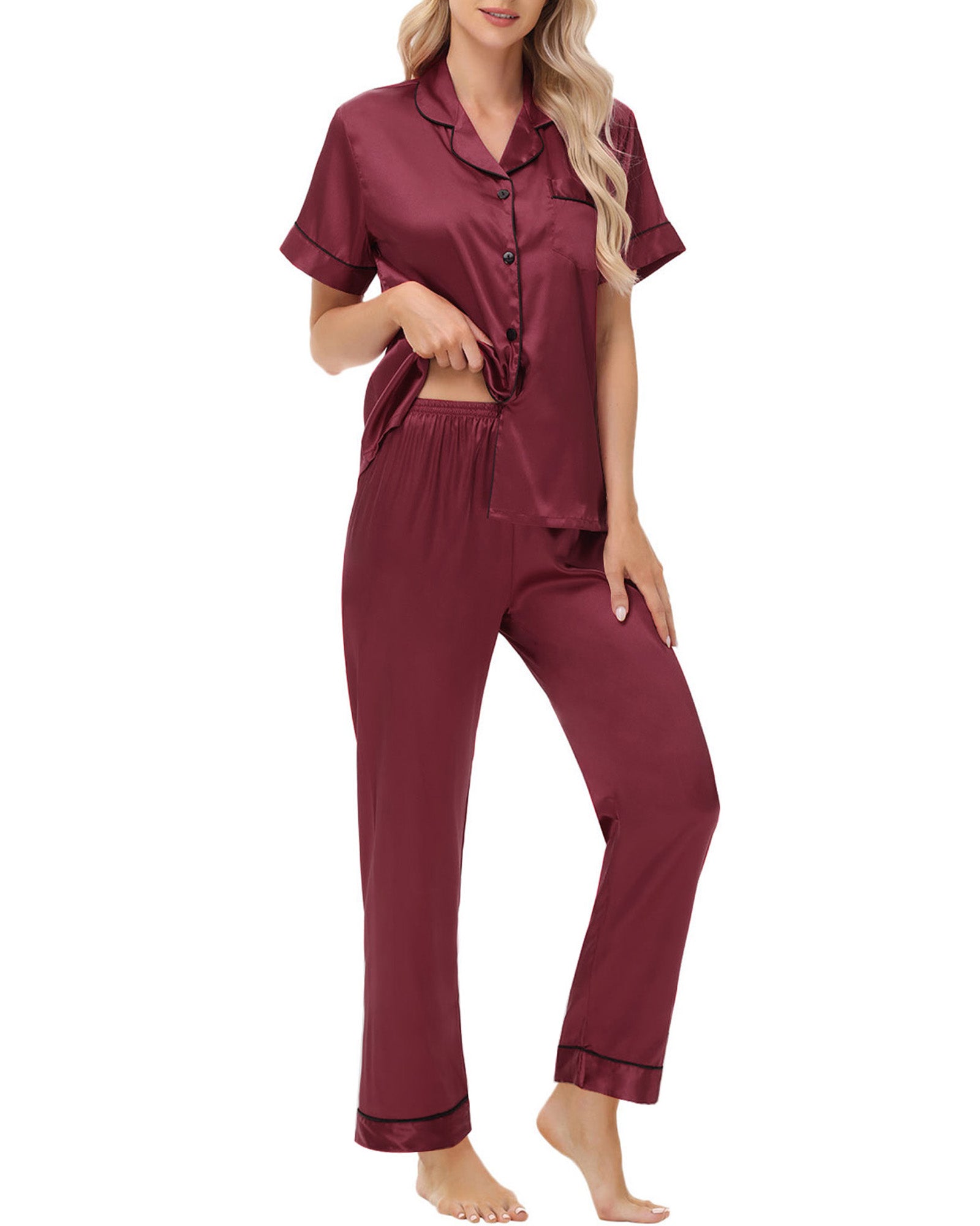 UVN Pajamas Sets for Women Short Sleeve Button Down Tops And Pants Sleepwear Soft Silk Satin Pjs Loungewear 2 Piece Outfit