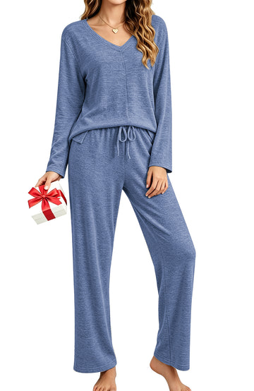 UVN Fall Womens Pajama Set 2 Piece Long Sleeve V Neck Top and Wide Leg Pant Ladies Soft Matching Lounge Set with Pockets