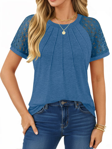 UVN Blouses for Women Short Sleeve Lace Tops Summer Casual Crewneck Pleated Shirts