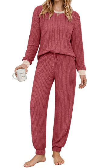 UVN Womens Pajama Set Two Piece Color-blocked Long Sleeve Top and Long Pants Ladies Fall Matching Oufits Casual Loungewear