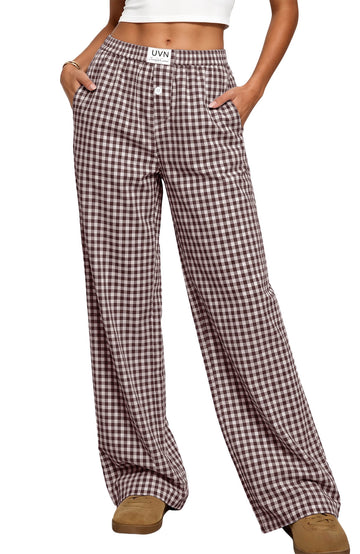 UVN Pants for Women Gingham Wide Leg Casual Lounge Bottoms Ladies Trousers with Pocket