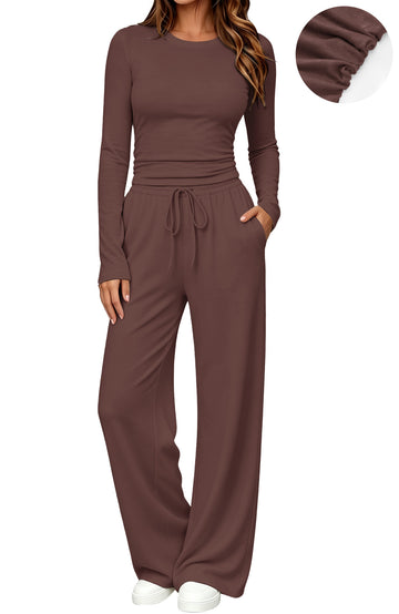 UVN Winter Womens 2 Piece Outfit Sets Ruched Long Sleeve Top and Wide Leg Pants Casual Loungewear Ladies Workout Sets
