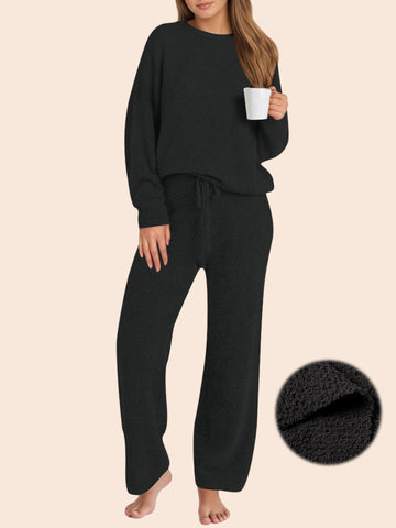 UVN Winter Pajama for Women Sweater Set Ladies Crewneck Tops and Long Pants Warm 2 Piece Loungewear