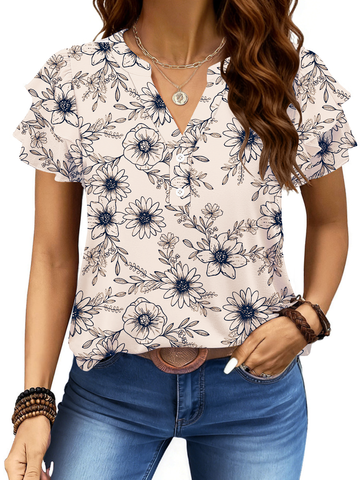 UVN Summer Blouse for Women Ruffle Short Sleeve Shirts V Neck Button Down Elegant Ladies Tops
