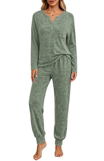 UVN Pajamas Sets for Women Long Sleeve Henley Neck Tops and Pants Two Piece Outfits Fall Winter Casual Sleepwear Pjs Lounge Sets
