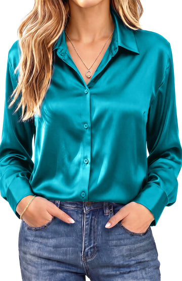 UVN Shirts for Women Long Sleeve Satin Blouses Button Down Ladies Casual Top