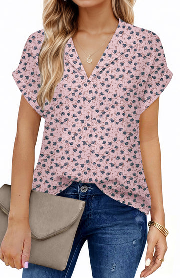 UVN Blouses for Women Summer Short Sleeve Work Shirts Dressy Casual V Neck Print Tops