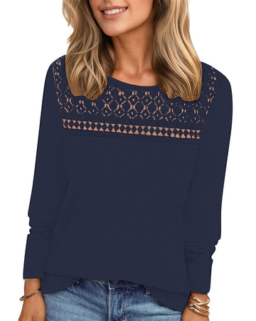 UVN Blouses for Women Fall Long Sleeve Crewneck Dressy Shirts Casual Waffle Knit Hollow Out Tunic Tops