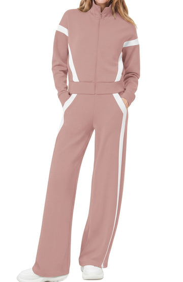 UVN Womens 2 Piece Outfits Fall Winter Casual Fashion Tracksuit Long Sleeve Zip Up Tops and Wide Leg Pants Lounge Sets