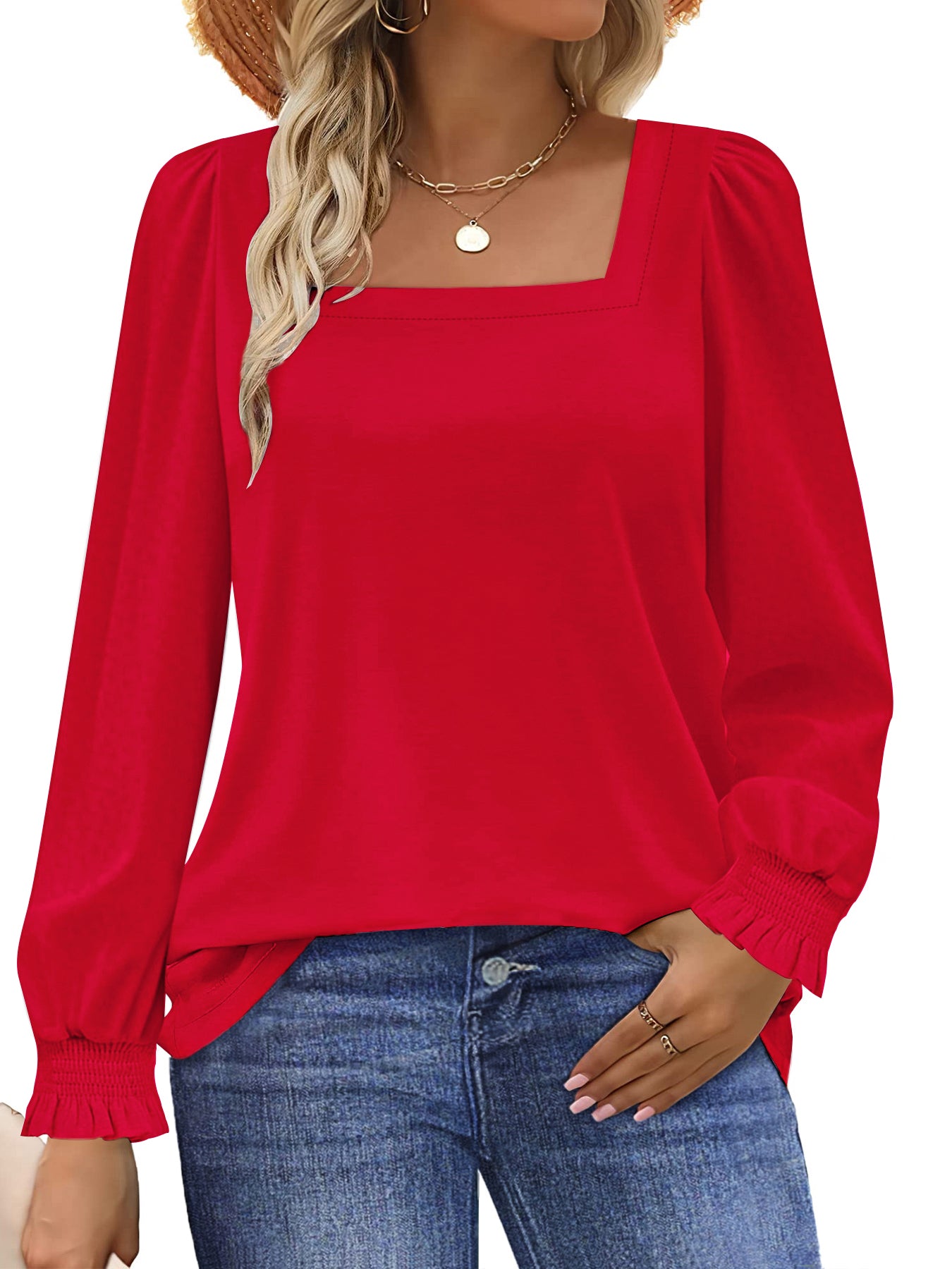 UVN Blouses for Women Square Neck Long Sleeve Shirts Dressy Casual Tunic Tops