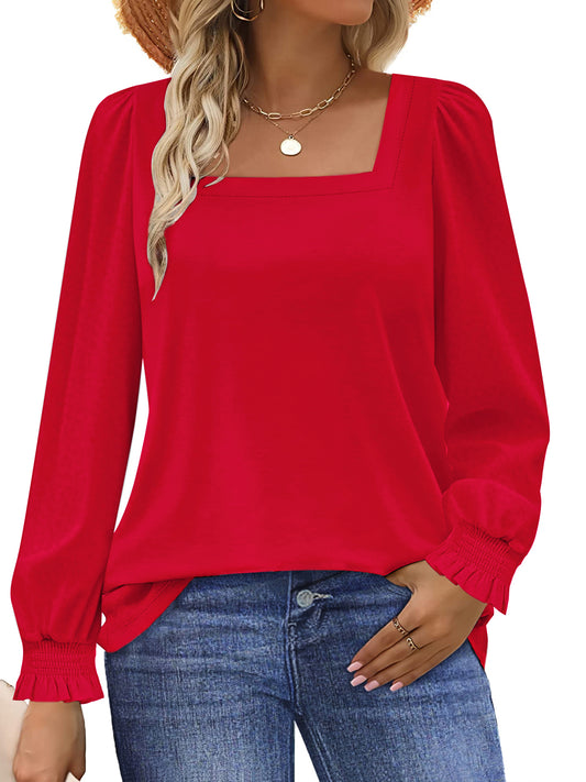 UVN Blouses for Women Square Neck Long Sleeve Shirts Dressy Casual Tunic Tops