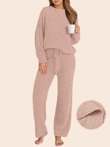 UVN Winter Pajama for Women Sweater Set Ladies Crewneck Tops and Long Pants Warm 2 Piece Loungewear