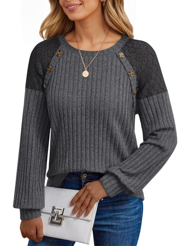 UVN Blouses for Women Casual Long Sleeve Shirts Dressy Hollow Out Lace Button Tops Fall Lightweight Pullover