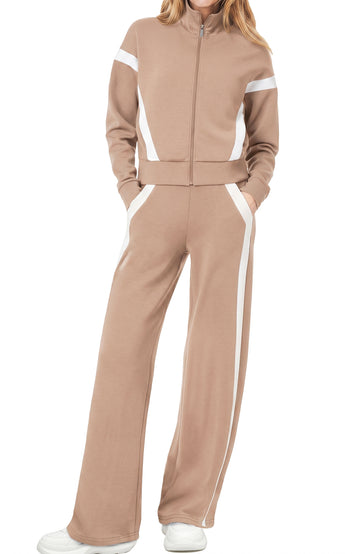UVN Womens 2 Piece Outfits Fall Winter Casual Fashion Tracksuit Long Sleeve Zip Up Tops and Wide Leg Pants Lounge Sets
