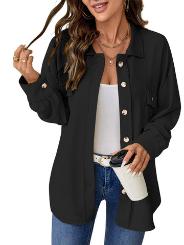 UVN Womens Shacket Jacket Waffle Shirts Long Sleeve Button Down Boyfriend Shirt Coats Side elastic thread Tops