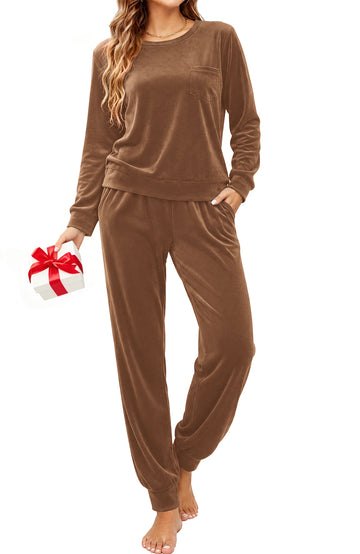 UVN Womens Velvet Pajamas Sets Winter 2 Piece Outfits Ladies Fleece Long Sleeve Sleepwear with Pockets