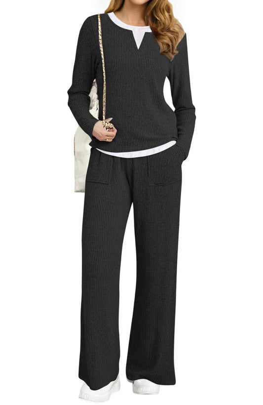 UVN Fall Matching Set for Women Color Block Tops and Wide Leg Pants Ladies Sweatsuit Casual 2 Peice Set