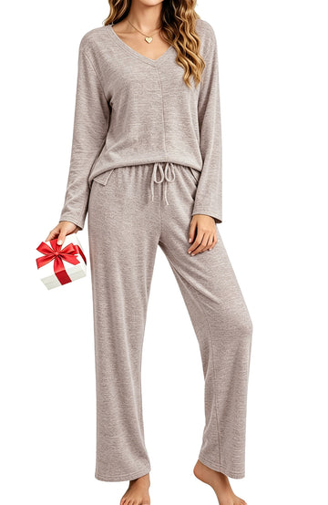 UVN Fall Womens Pajama Set 2 Piece Long Sleeve V Neck Top and Wide Leg Pant Ladies Soft Matching Lounge Set with Pockets