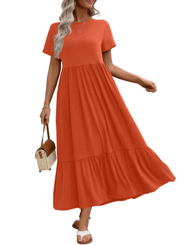 UVN Long Dresses for Women Summer Short Sleeve Casual Crewneck Maxi Dress with Pockets