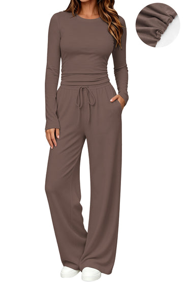 UVN Winter Womens 2 Piece Outfit Sets Ruched Long Sleeve Top and Wide Leg Pants Casual Loungewear Ladies Workout Sets