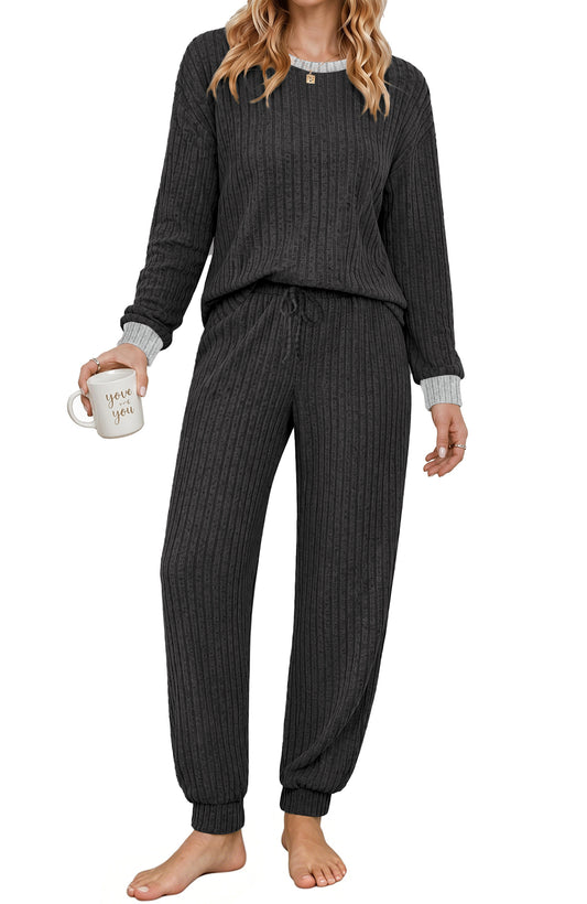 UVN Womens Pajama Set Two Piece Color-blocked Long Sleeve Top and Long Pants Ladies Fall Matching Oufits Casual Loungewear