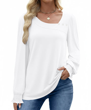 UVN Fall Square Neck Tops for Women Long Sleeve Blouse Ladies Dressy Button Shirts