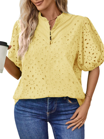 UVN Summer Blouses for Women Short Sleeve Shirts Ladies Hollow Out Lace Blouse V Neck Dressy Casual Tops