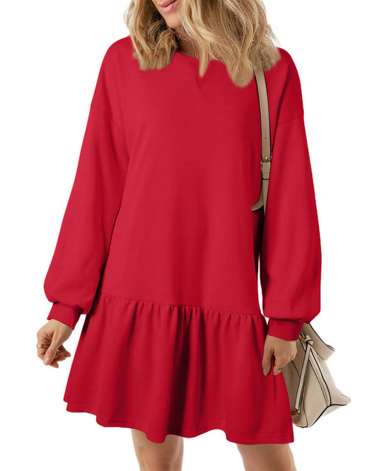 UVN Fall Dresses for Women Winter Long Sleeve Crewneck Oversized Casual Pullover Patchwork Sweatshirt Dress