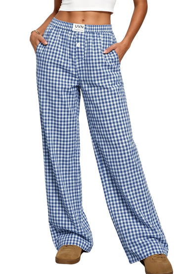 UVN Pants for Women Gingham Wide Leg Casual Lounge Bottoms Ladies Trousers with Pocket