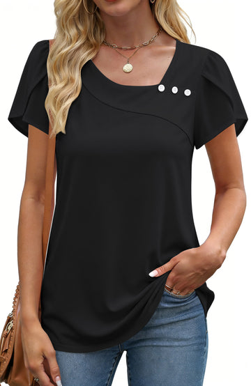 UVN Womens Summer Blouses Short Petal Sleeve Square Neck Ladies Button Shirts Dressy Casual Tunic Tops