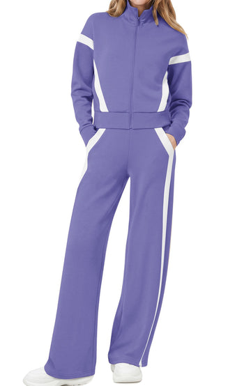 UVN Womens 2 Piece Outfits Fall Winter Casual Fashion Tracksuit Long Sleeve Zip Up Tops and Wide Leg Pants Lounge Sets
