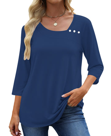 UVN Summer Square Neck Blouses for Women 3/4 Sleeve Shirt Ladies Dressy Casual Button Tunic Tops