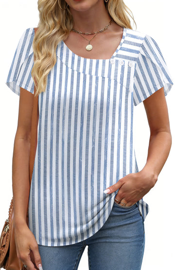 UVN Womens Summer Blouses Short Petal Sleeve Square Neck Ladies Button Shirts Dressy Casual Tunic Tops